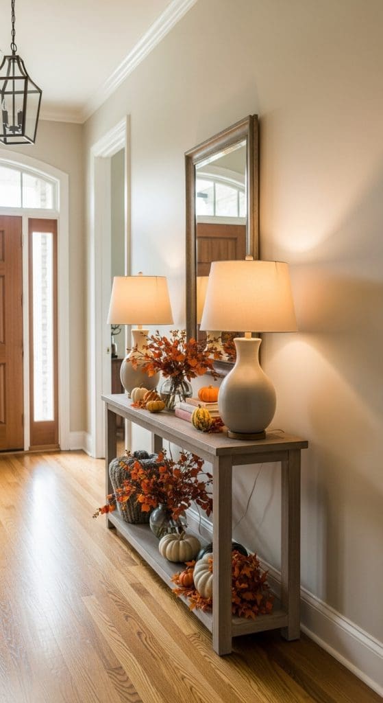 two symmetrical lamps on the console table with fall decor