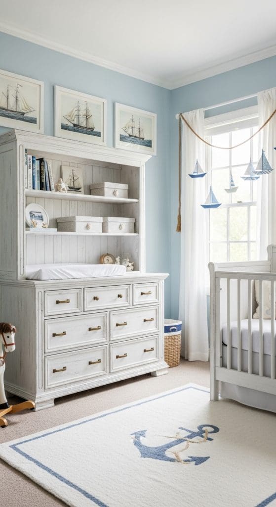 white washed large dresser in a toddler bedroom