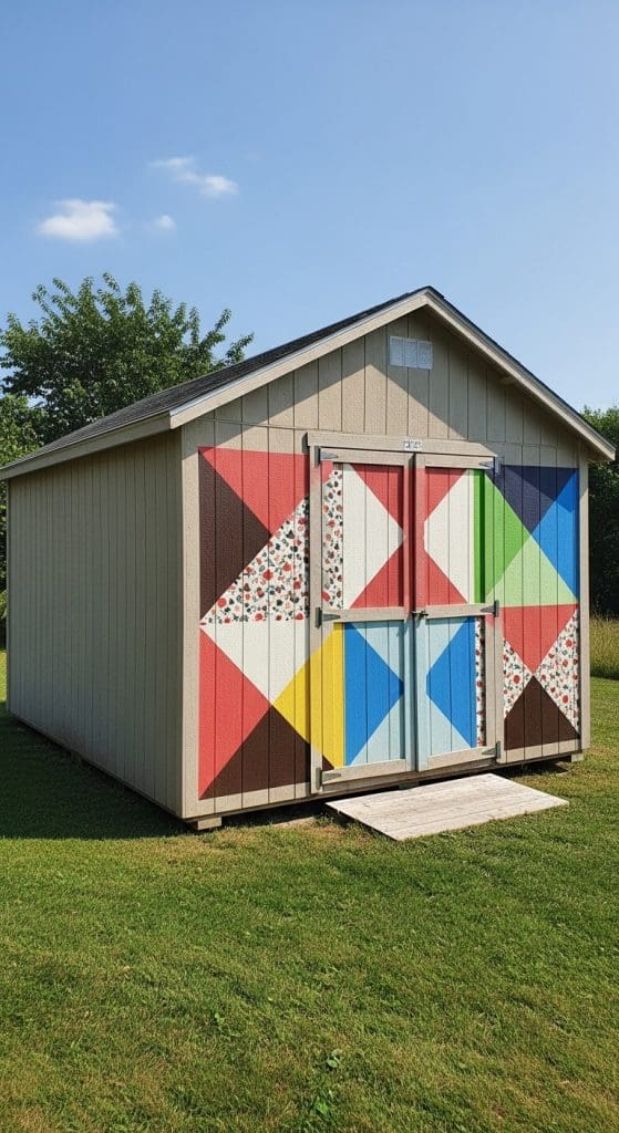 patchwork inspired artwork on shed