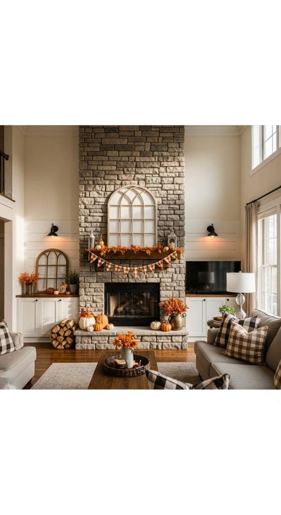 gingham style decor in a cozy farmhouse living room