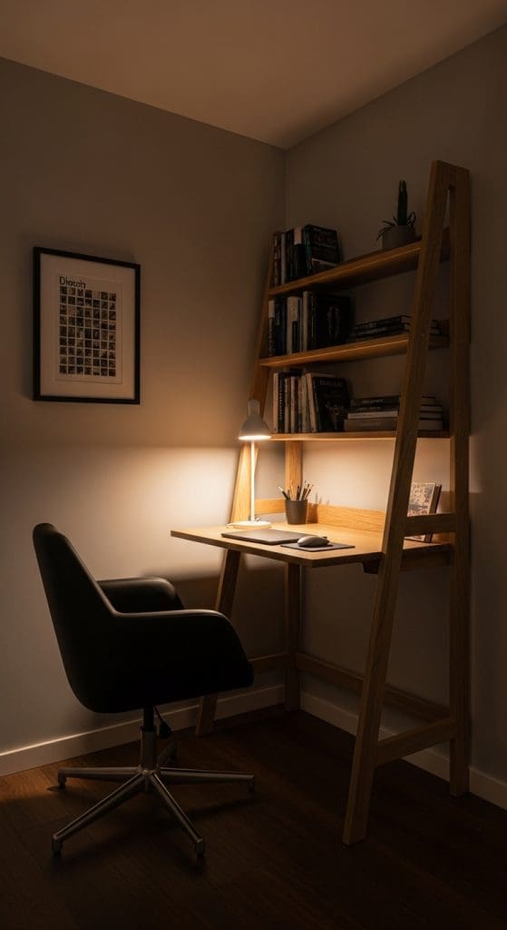 ladder desk with storage for books above main desk