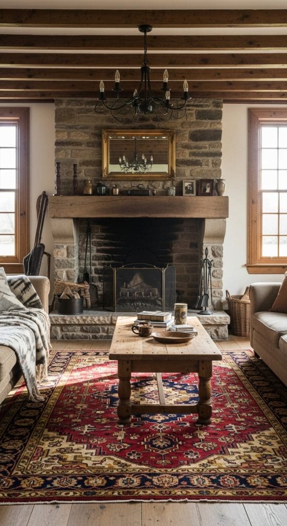 red and gold rug in front of a fireplace