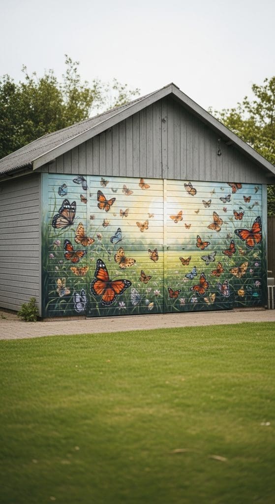 butterfly meadow painted on a shed outdoor shed mural
