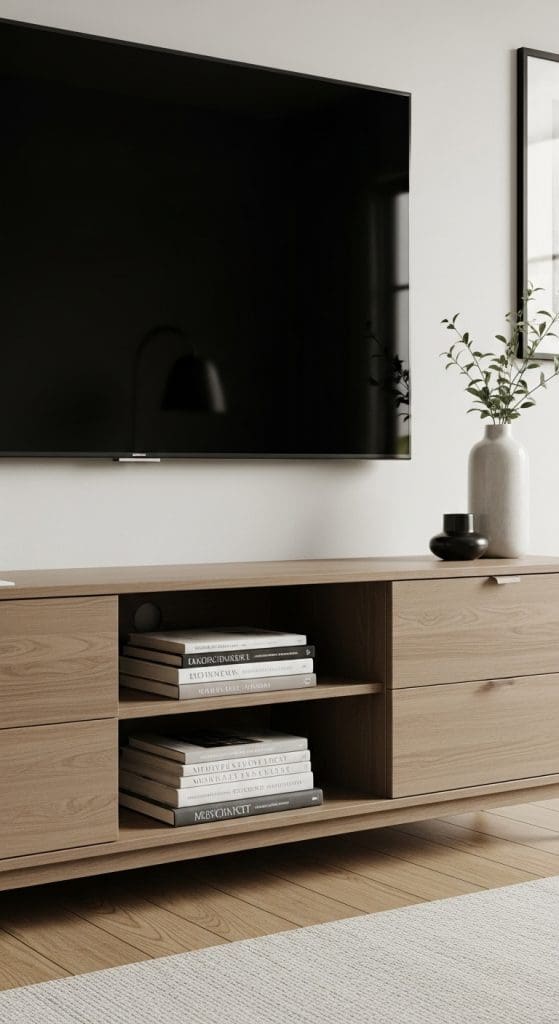 books on open shelves in console unit