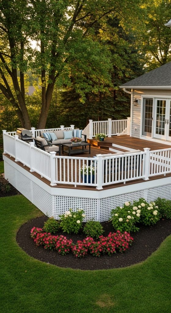 white vinyl lattice used as a atrim on decking
