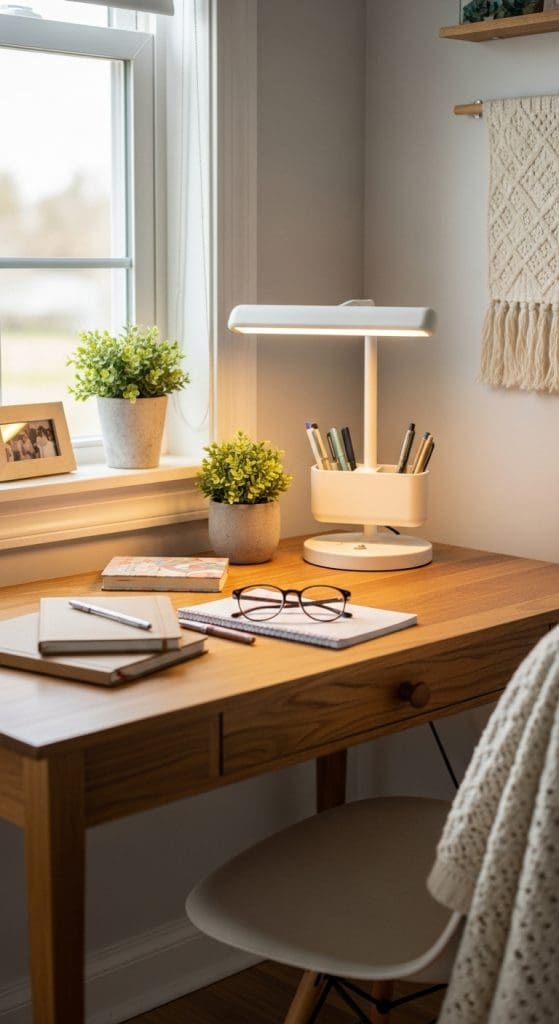 Small Desk Setup Ideas with light that has a pen holder attached