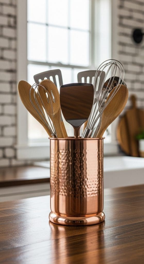copper colored container holding utensils