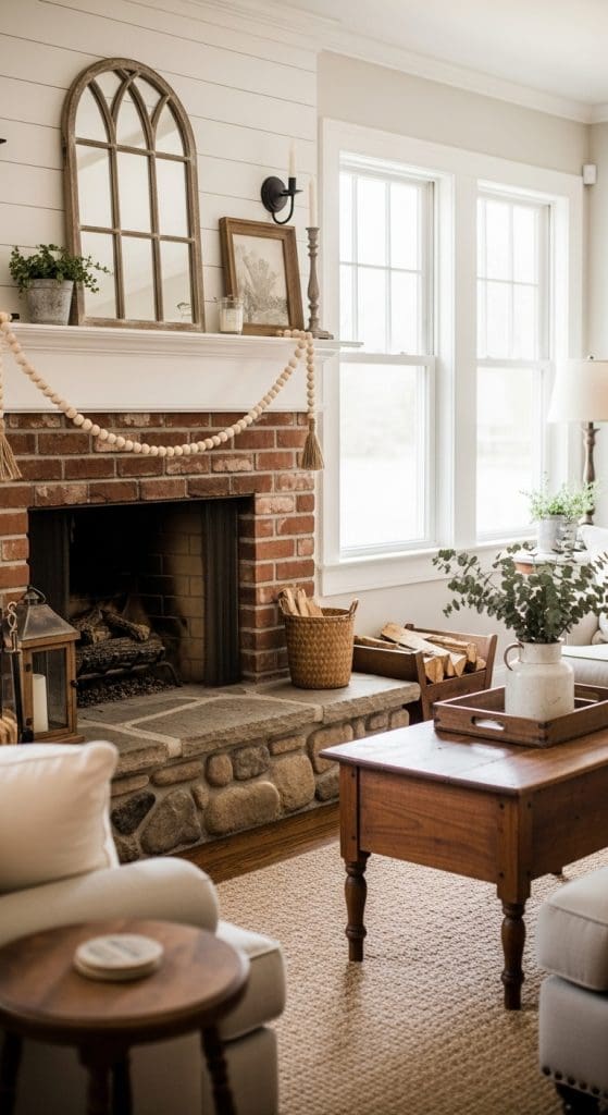 wooden beads on mantle in a farmhouse living room