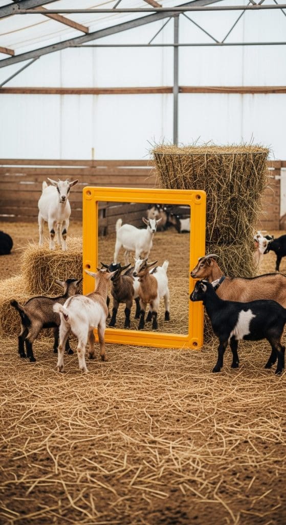 barnyard mirror in a yellow frame in pen