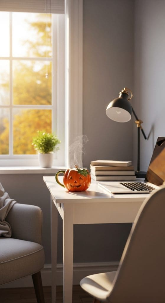 pumpkin ceramic mug on a white home office desk