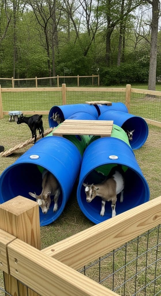 blue barrels that create tunnels for goats