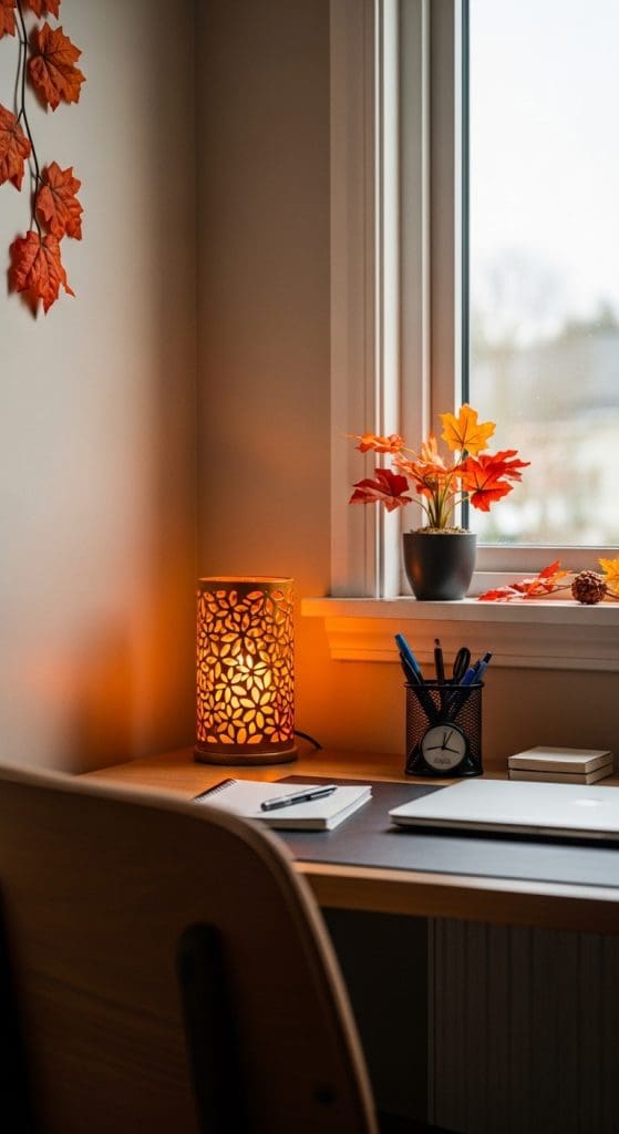 cozy fall lantern on small home office desk