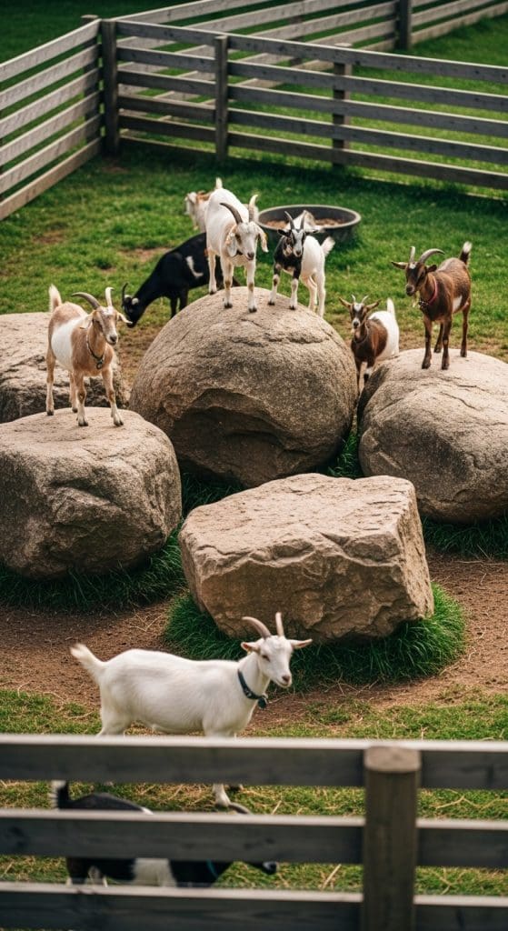 large rocks in the middle of a play pen for goats