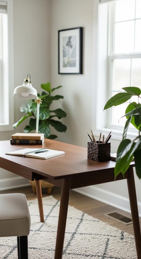 rustic wooden pencil holder on home office desk