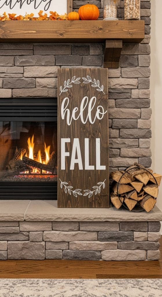 large sign that says hello fall in front of a stone fireplace