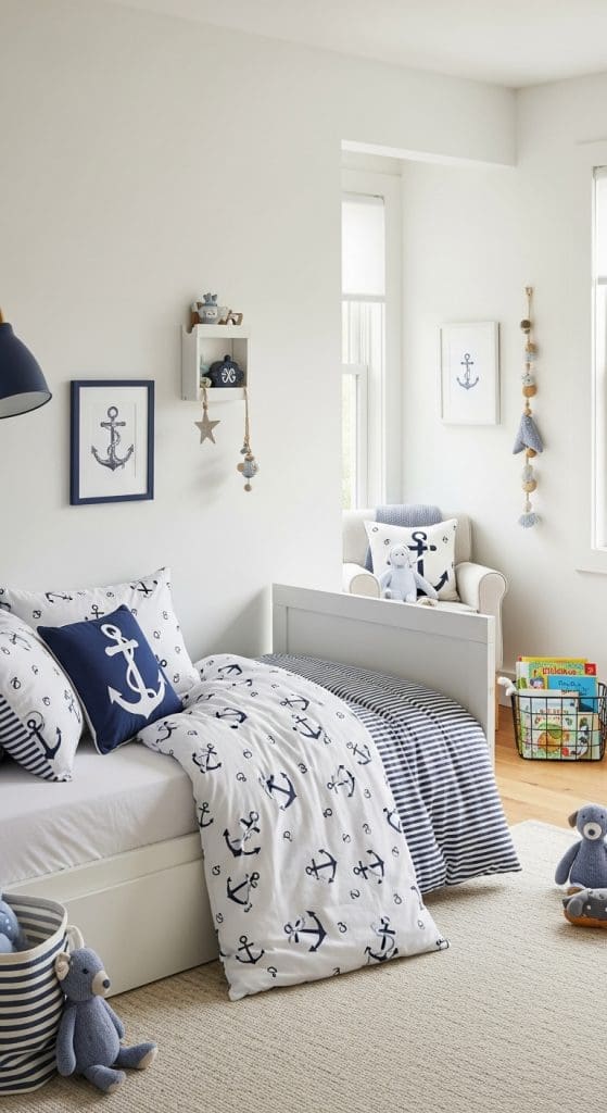 transition a nautical nursery into a toddler room with updated nautical bedsheets