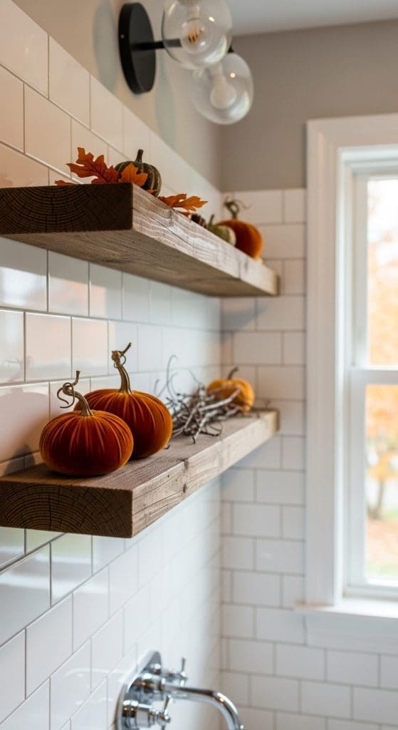 rustic wooden shelves in bathroom Fall Bathroom Decor