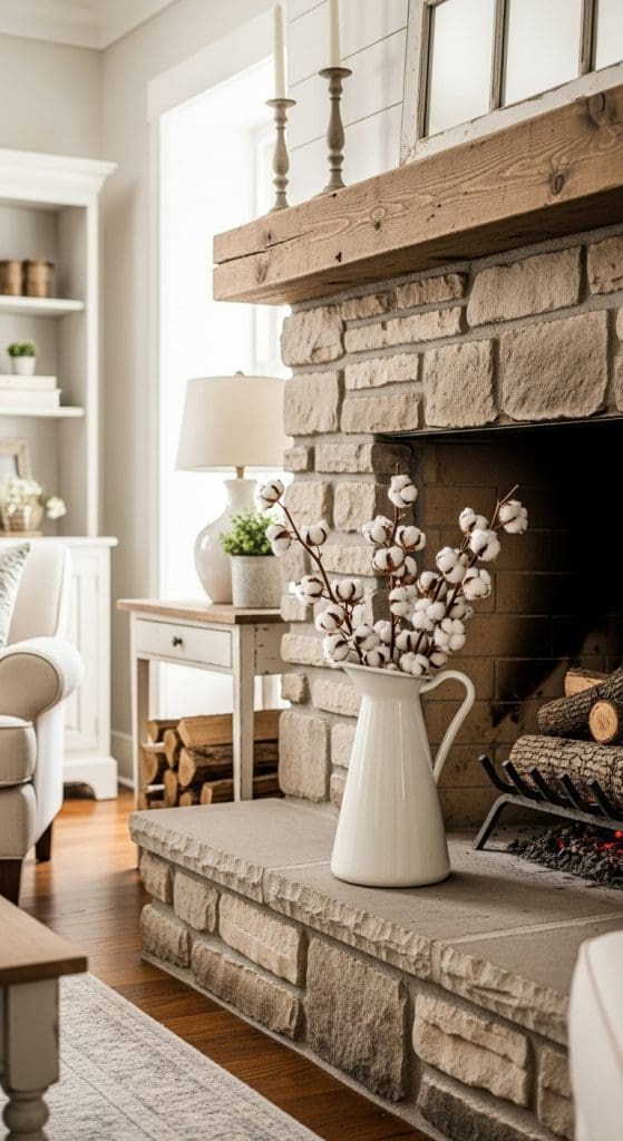 cotton ball stems in a white decorative jug on a stone fireplace