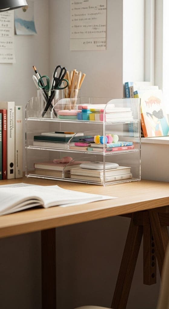 Acrylic on desk shelving Small Desk Setup Ideas