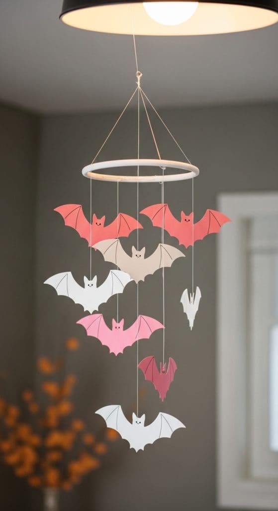 mobile made out of pink and white paper bats