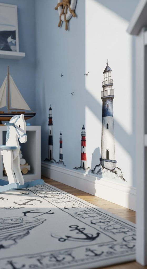 Lighthouse decal on bedroom wall of toddler's room