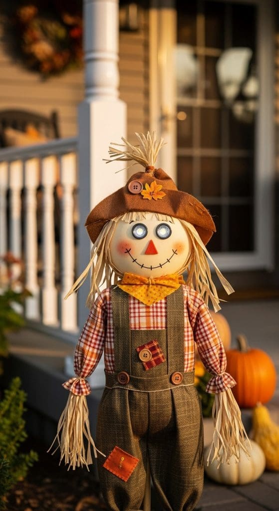 solar lights for eyes in a DIY scarecrow