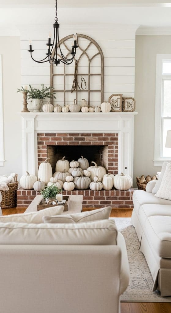 white pumpkins on white and brick fireplace