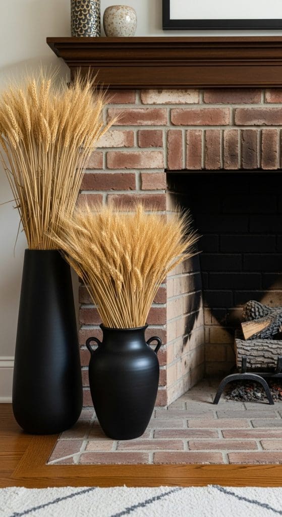 dried wheat in black vases next to the fireplace