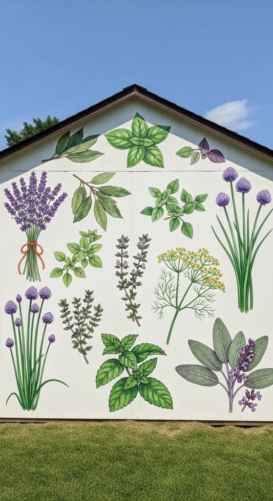 herbs painted on the back of a white shed