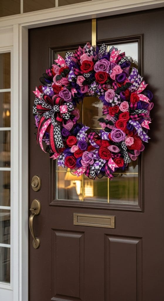 pink and purple halloween wreath on front door