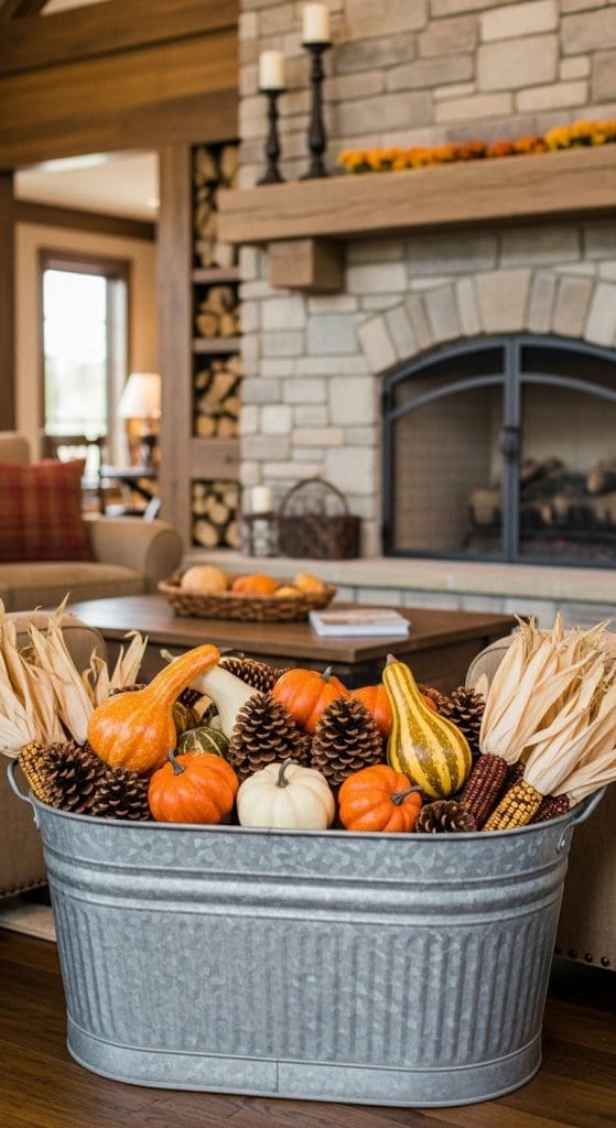galvanized tub full of pumpkins, pinecones and corn stalks