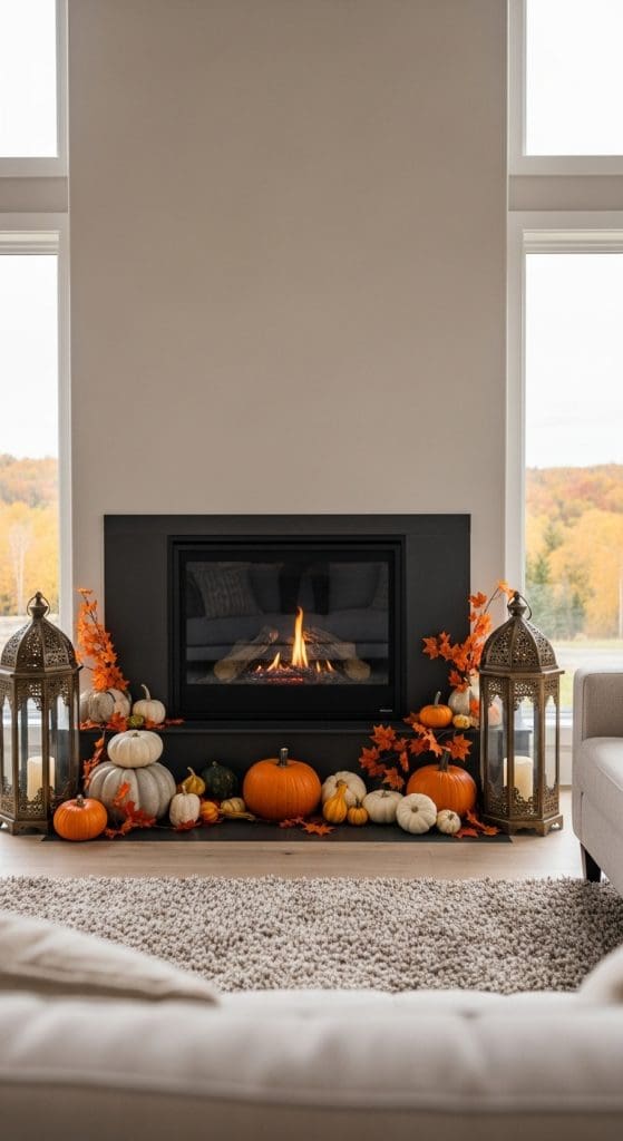 Two large matching lanterns in front of modern fireplace