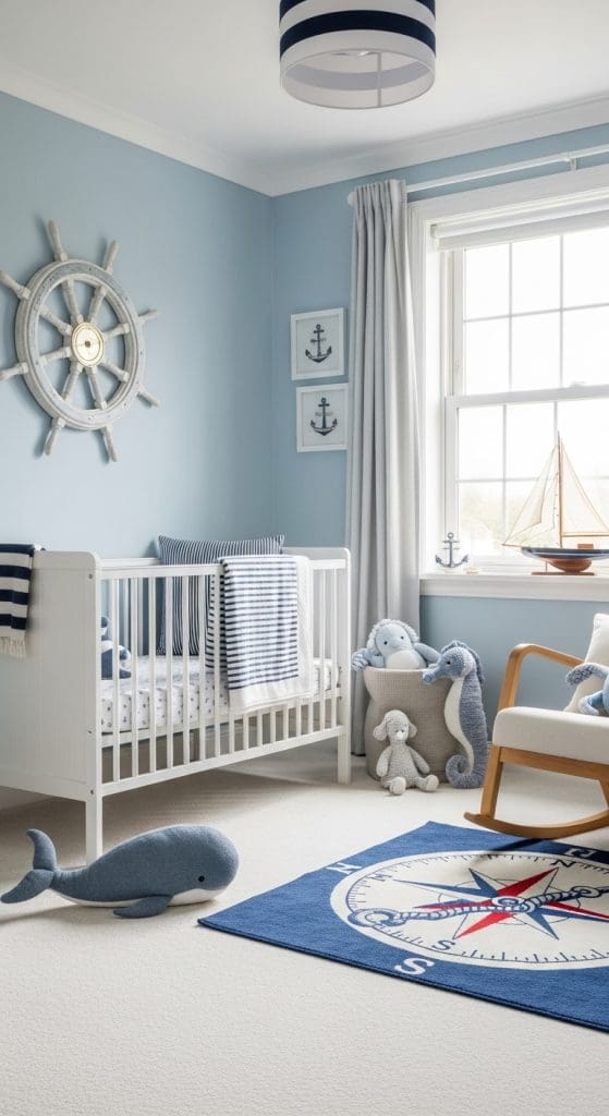 ship wheel hung on blue wall in nursery