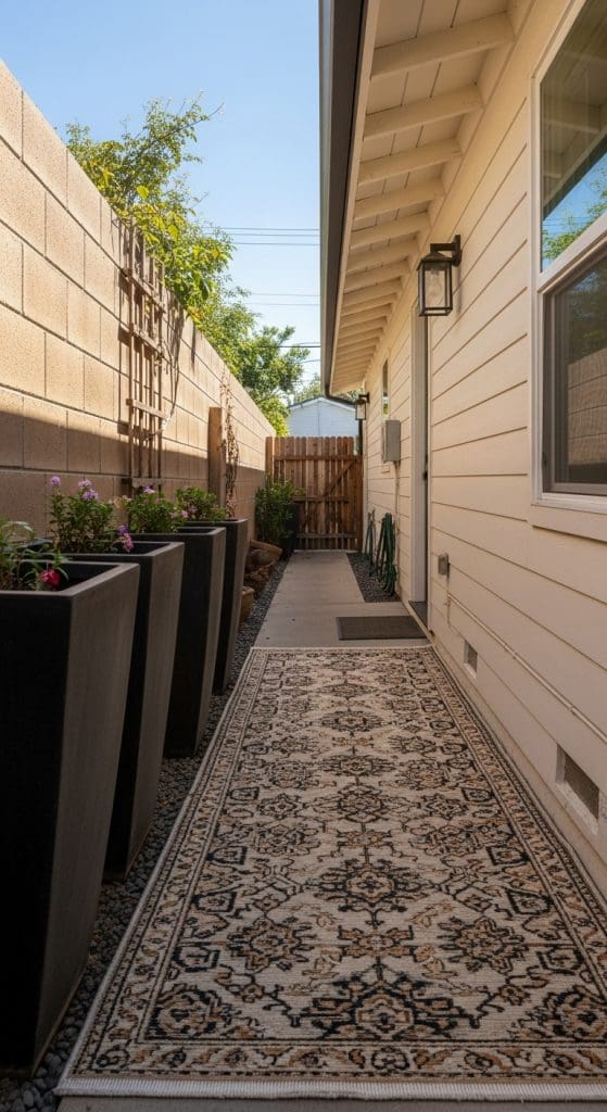 outdoor rug on side pathway with planter pots
