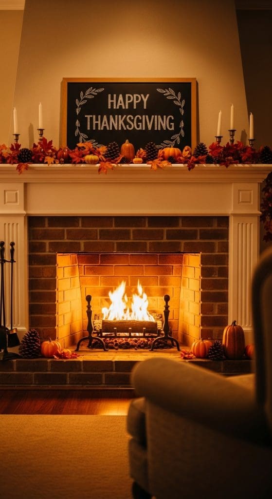 chalkboard that says happy thanksgiving on top of mantle