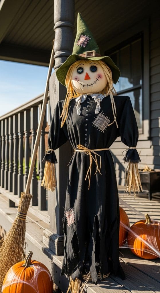scarecrow made to look like a witch in a black dress and green witches hat