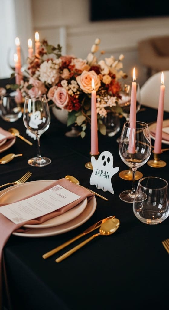 Pink and black themed dining room table setting with ghost shaped namecards