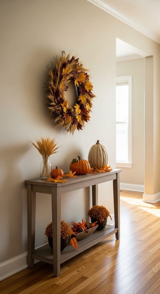 autumn wreath above console table with Fall Entry Table Decor
