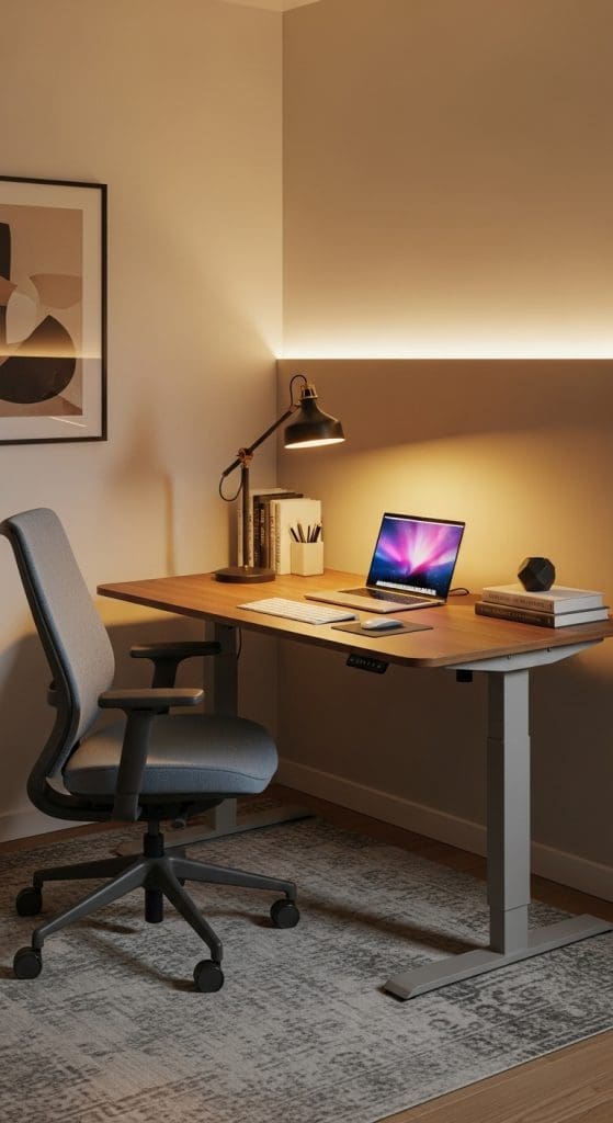 Adjustable standing desk in a small home office