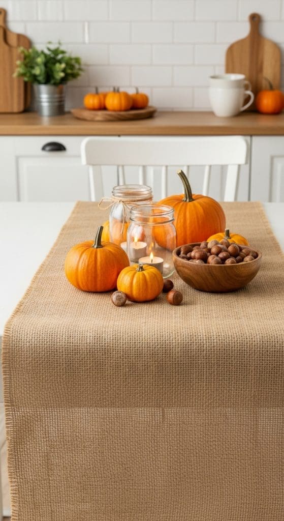 burlap runner with pumpkins and nuts on kitchen table