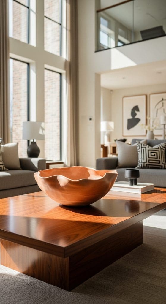 Large clay orange bowl on coffee table