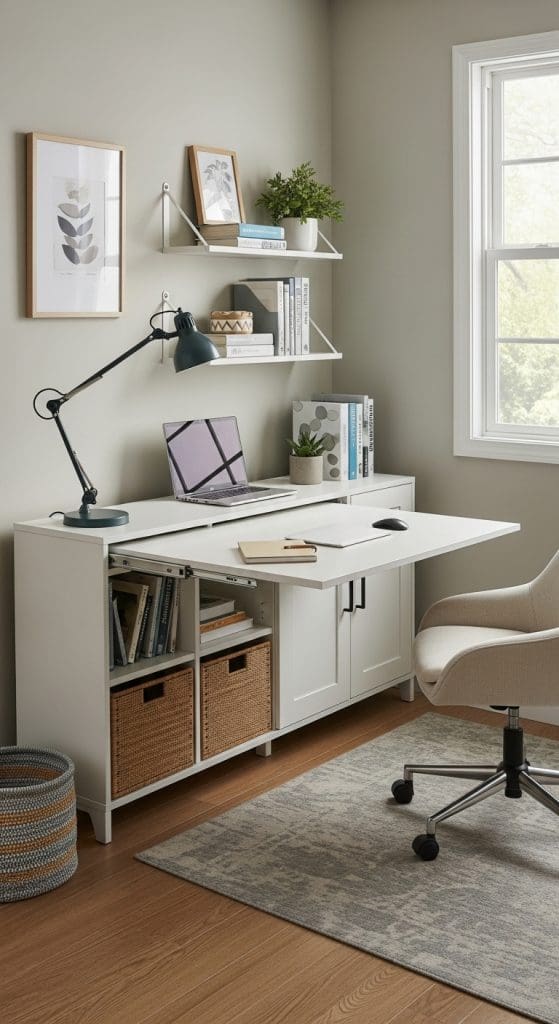 Sliding desk panel in a white desk that slides out for extra desk space