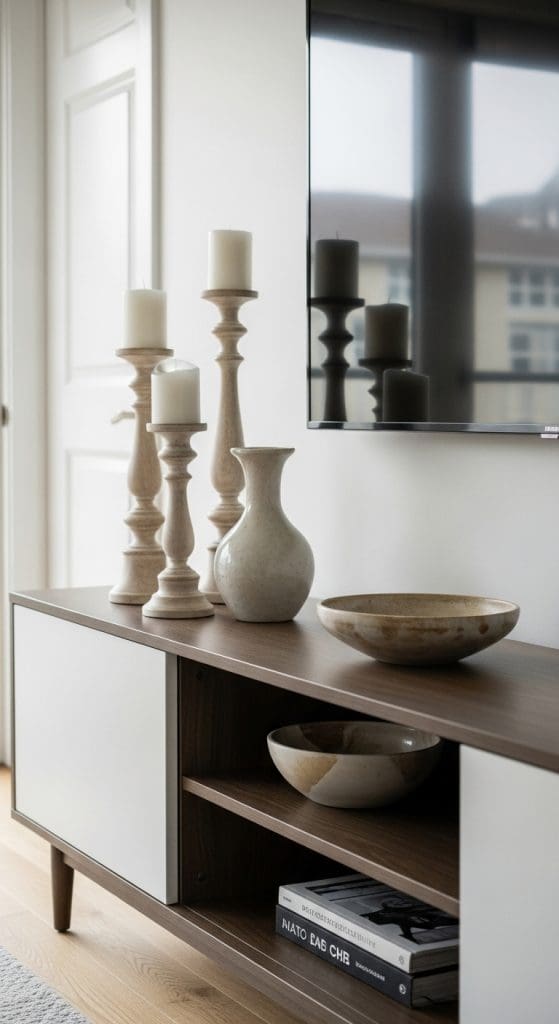 ornamental candles and bowls on tv console