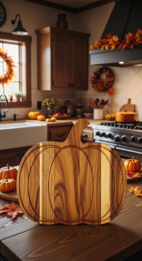 A wooden pumpkin shaped cutting board on kitchen counter