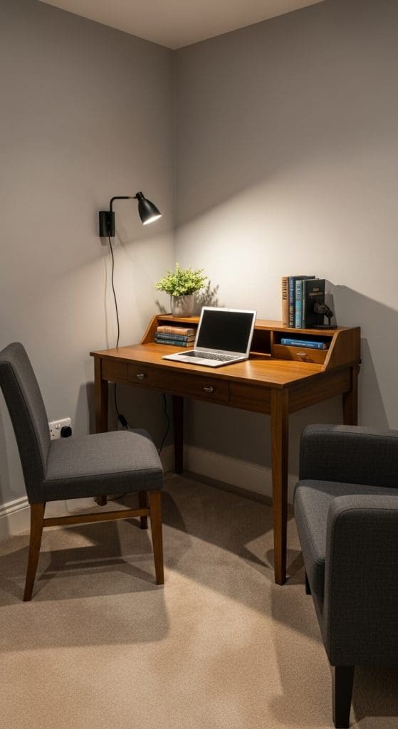 black mounted lamp on a wall above the home office
