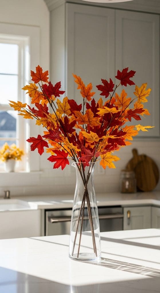 tall glass pitcher glass with faux autumn leaves