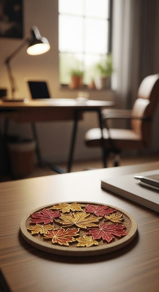 autumn coaster with autumn leaves on a home office desk
