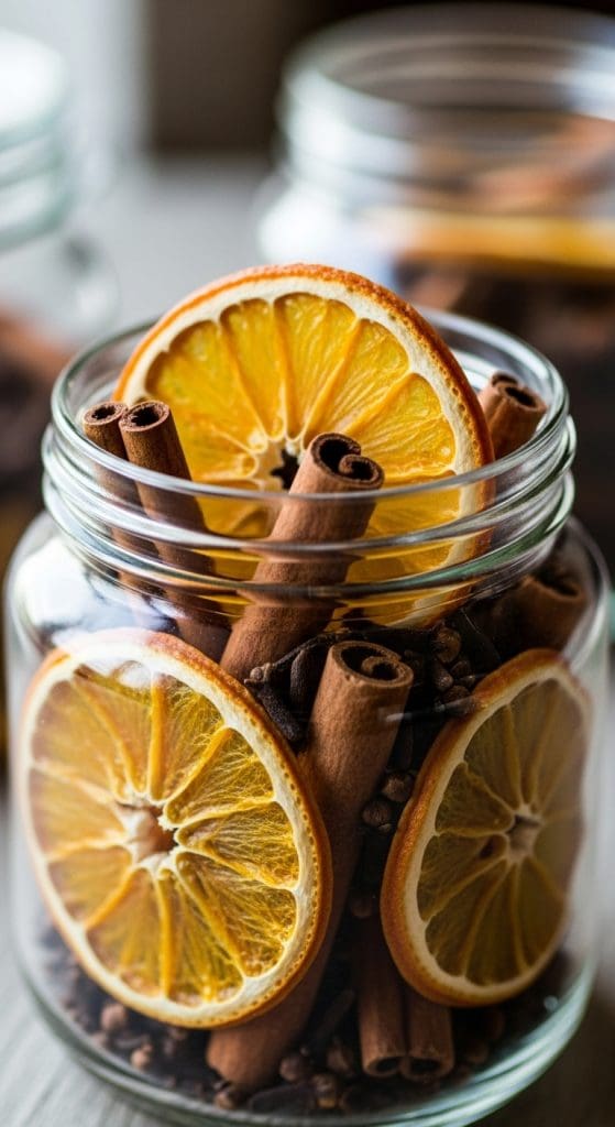 orange slices and cinnamon sticks in a glass jar