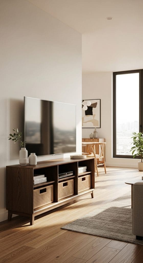 rattan baskets in tv console unit