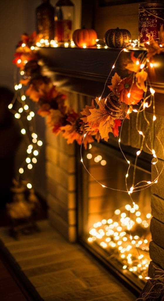 string lights in a fireplace